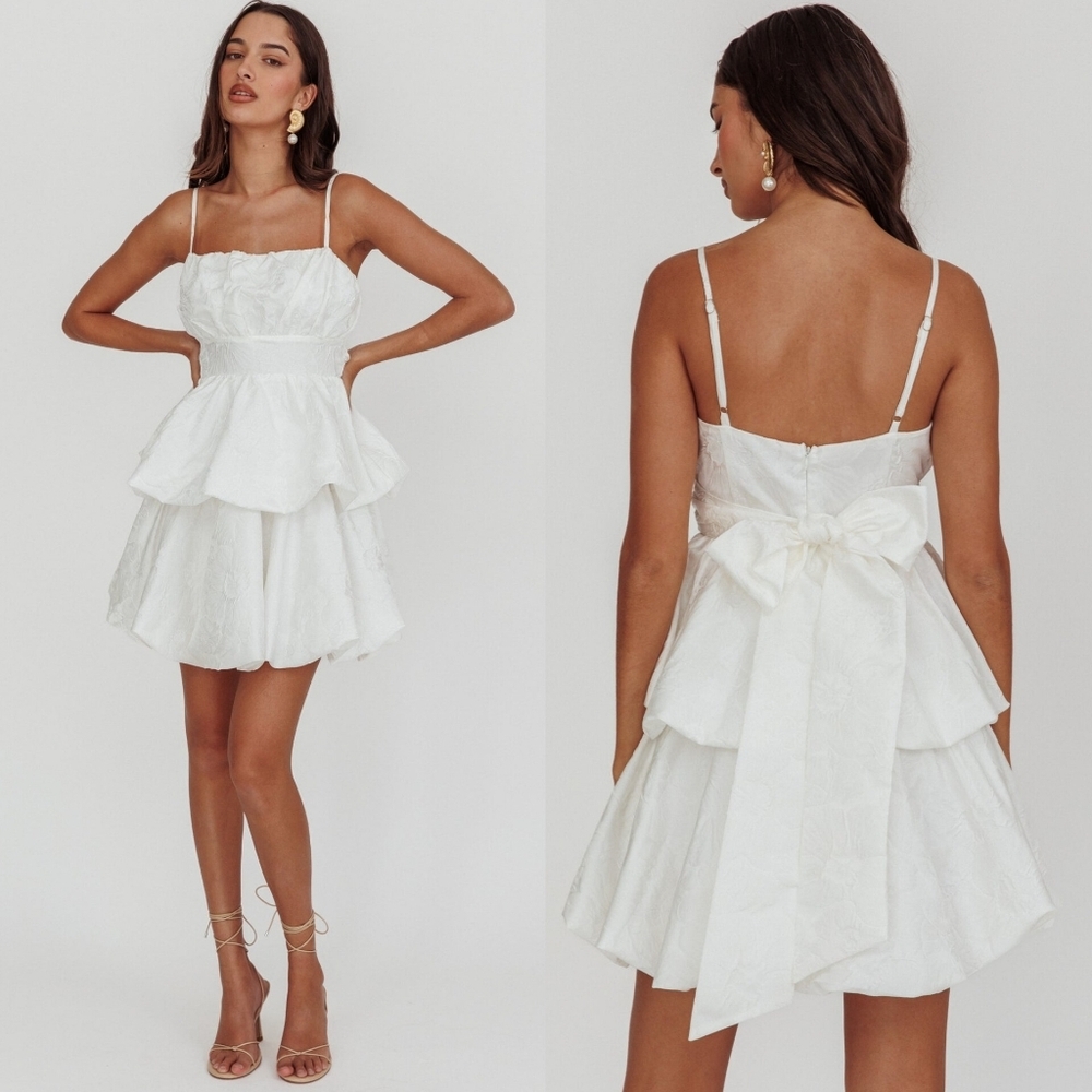 SAINTS & SECRETS Zilara Bubble Hem Bow Mini Jacquard White Dress S Wedding